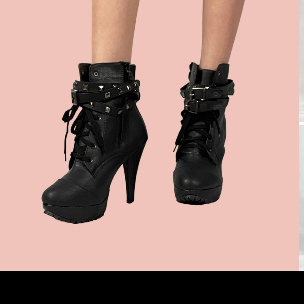 Strappy, studded, lace up platform ankle boots